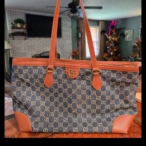 Gucci Blue and Tan Monogram Tote